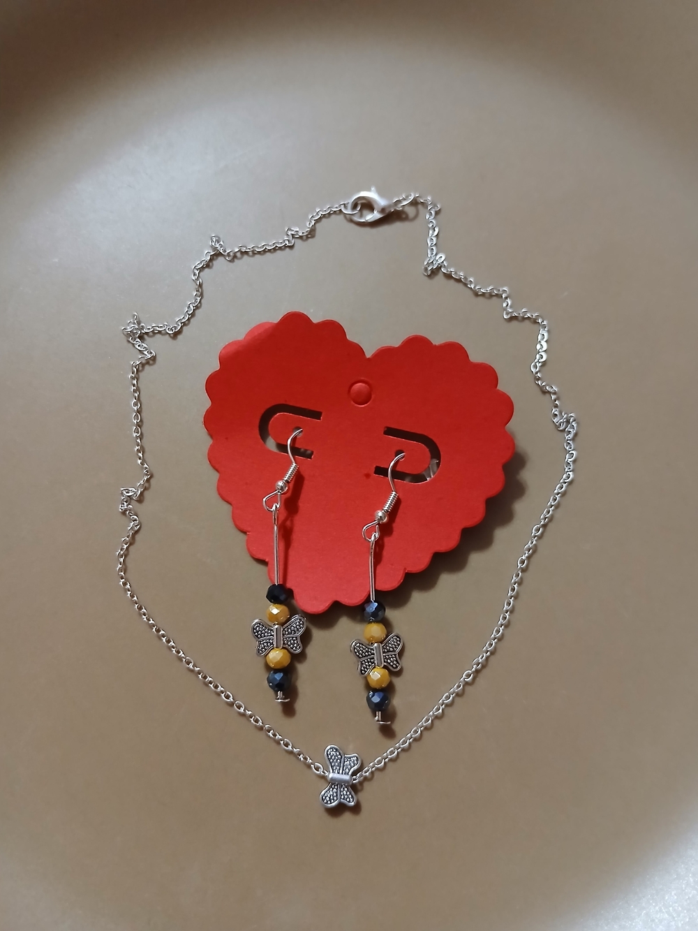 Silver Butterfly Necklace and Earrings Set in Red and Yellow